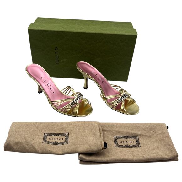 Gucci Interlocking G Chain Metallic Leather Mules Slides Heels Sandals Gold Sz 7 - Picture 1 of 11